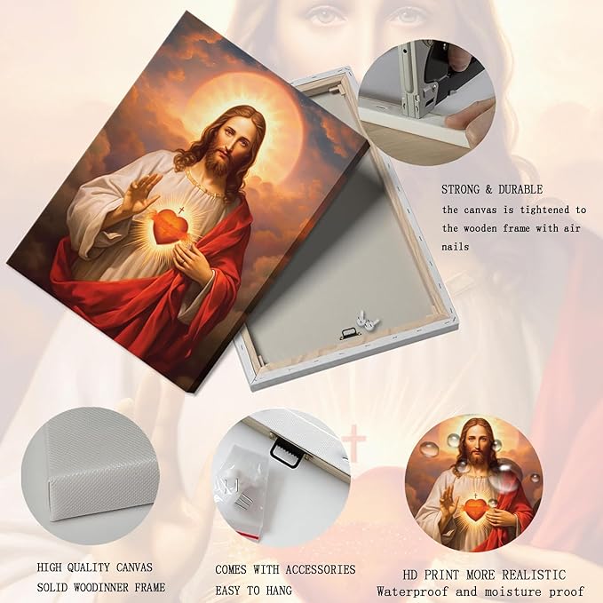Sacred Heart of Jesus Canvas Wall Art Divine Mercy Painting Picture Wall Decor Religious Christ Jesus Portrait Poster Prints Artwork for Dining Living prayer Room Bedroom Home Decor 24x36in canvas