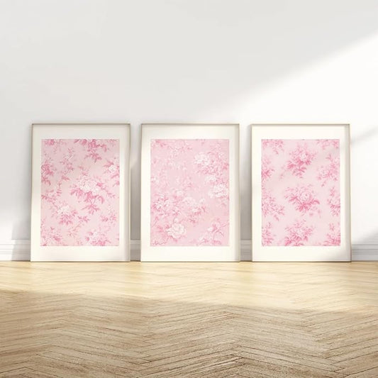 Baccone Pink Floral Wall Art Chinoiserie Flower Wall Decor Pictures Aesthetic Canvas Wall Art Love Shack Fancy Poster Vintage Floral Prints for Living Room Bedroom 12x16 Inch Unframed Set of 3