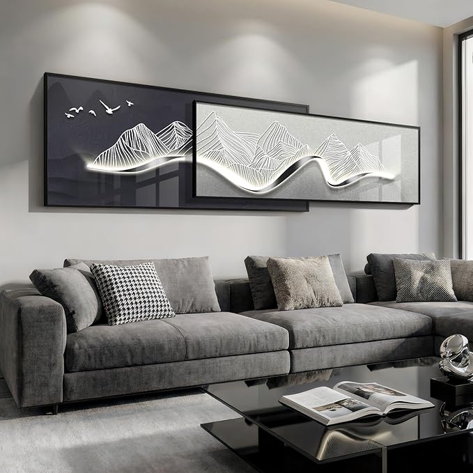 Extra Large Framed Modern Wall Art for Living Room, Set of 2 Long Narrow Black and White Abstract Mountain Prints Paintings, Horizontal Minimalist Pictures for Bedroom Dining Room Office Wall Decor