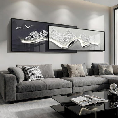 Extra Large Framed Modern Wall Art for Living Room, Set of 2 Long Narrow Black and White Abstract Mountain Prints Paintings, Horizontal Minimalist Pictures for Bedroom Dining Room Office Wall Decor
