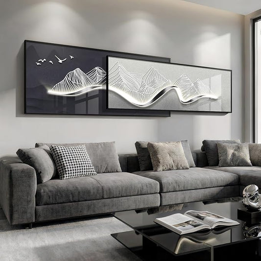 Extra Large Framed Modern Wall Art for Living Room, Set of 2 Long Narrow Black and White Abstract Mountain Prints Paintings, Horizontal Minimalist Pictures for Bedroom Dining Room Office Wall Decor