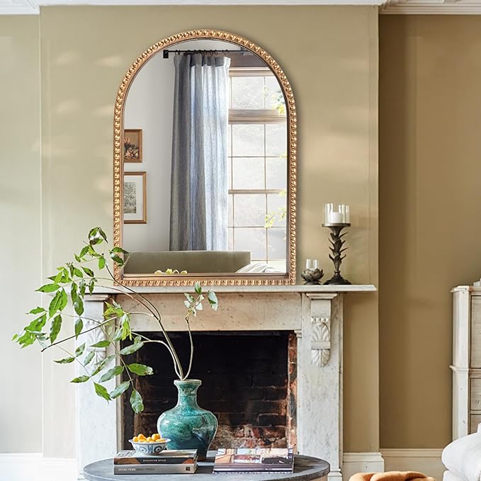 BAODANFU Traditional Arch Mirror for Bathroom, 20" x30" Baroque Antique Gold Marlowe Mirrors Beaded Frame, Decorative Accent Vertical Vanity, Wall Decor Over Mantel Fireplace, Sofa, Entryway