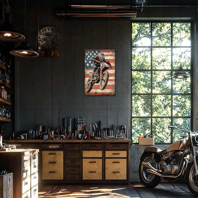 Dirt Bike Racing Motocross Racing American Flag Metal Signs Racing Motocross Tin Poster Wall Decor Home Office Garage Man Cave Bar Club Boy Room Decor 12x16 Inch