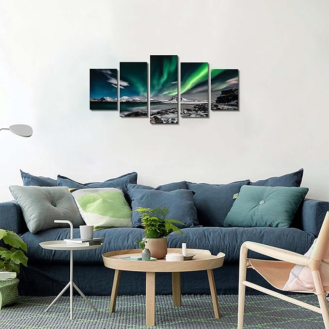 EPHANY Green Sky Night Painting - 5 Pieces Wall Art Art - Aurora Scenery Painting on Canvas Landscape Stretched and Framed Canvas Paintings Ready to Hang for Home Decorations Wall Decor