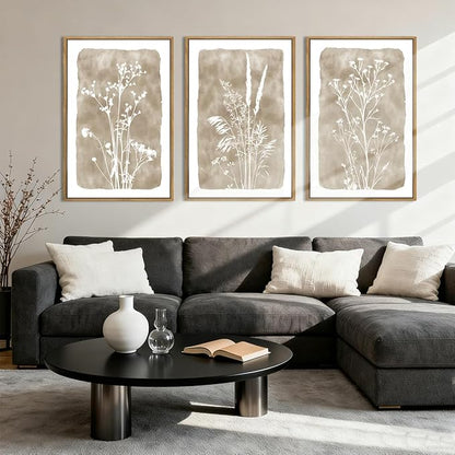 ANHUIB Extra Large Beige Floral Wall Art 24x36 Inch Neutral Floral Wall Decor Vintage Flower Artwork for Living Room Bedroom Office Set of 3