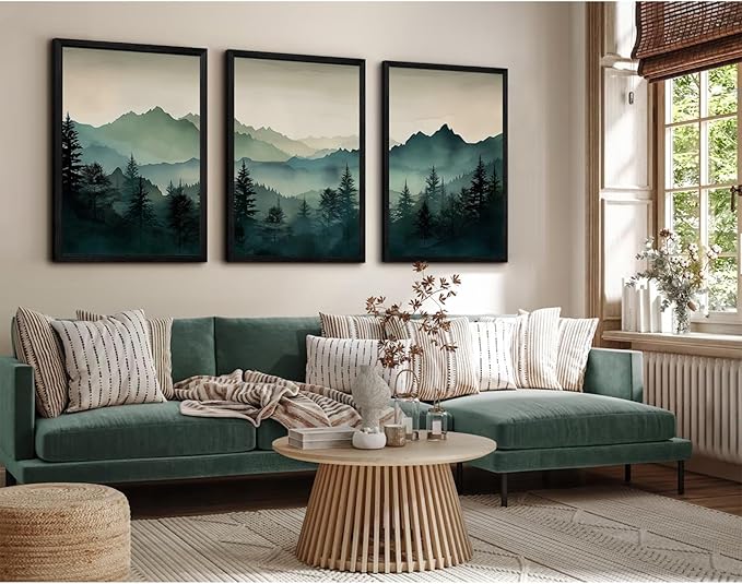 Mountain Wall Art Decor Set of 3 Sage Green Forest Canvas Wall Art Prints Nature Landscape Wall Decor Watercolor Pine Tree Pictures Abstract Modern Painting for Living Room Bedroom 12x16 Inch Framed