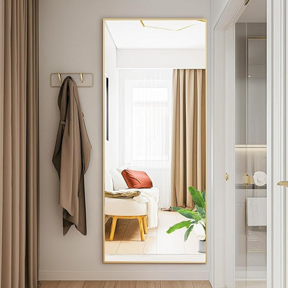 DUMOS 19"x58" Full Length Mirror with Stand, Floor Standing Aluminum Frame, Shatter-Proof Nano Glass for Bedroom, Living Room, Cloakroom – Modern Simple Home Decor,Can Be Hanging or Leaning, Gold