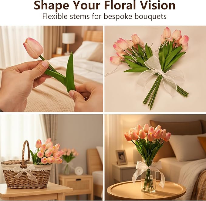 Radiant Romantic Tulip Light with a Vase, 15 PCS Twinkling Tree Tulips Led Night Light that Never Fade, Flower Shaped Ambient Night Lamp for Bedroom Bedside Decor & Gift (Pink(with Vase))