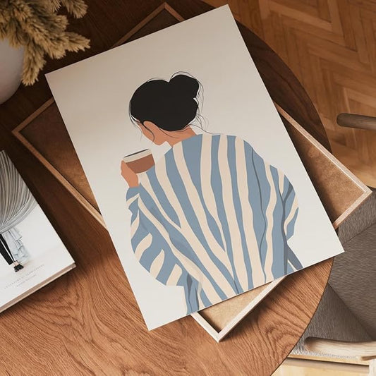 ZHBJSM Modern Minimalist Woman Wall Art Blue White Stripe Sweater Coffee Cup Soft Warm Tone Home Bedroom Living Room Kitchen Cozy Relaxed Inviting Interior Decor Accent Piece 16x24 Inch Unframed