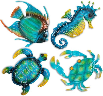 Metal Beach Wall Decor Art, Ocean Themed Sea Turtle Fish Seahorse Crab Coastal Wall Sculpture, Nautical Outdoor Decor For Garden, Fence, Patio, Pool, Bathroom (4 Pcs)