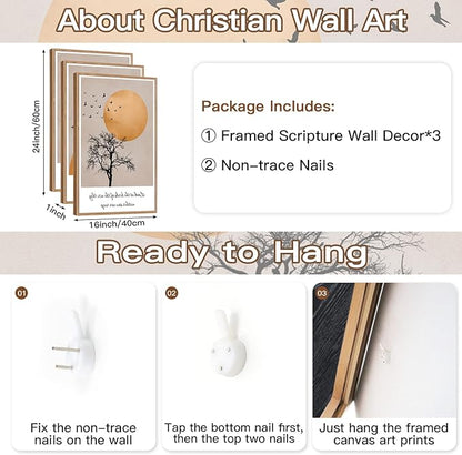 CHDITB Matthew 6:26 Look At The Birds Of The Air Framed Canvas Wall Art(16"x24"), 3 Panels Japandi Bible Verses Scripture Artwork Prints, Large Religious Christian Faith LDS Decor for Home Office Bedroom