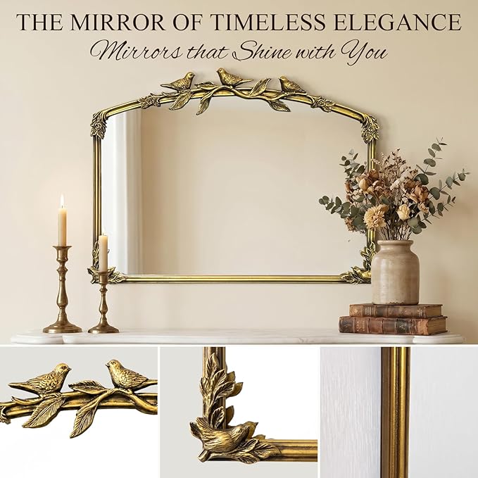 Gold Baroque Vintage Mirror for Vanity 19x25Inch Gold Antique with Ornate Frame, Arched Vintage Wall for Bathroom, Living Room, Fireplace, Entryway (Golden (Arched 6), 20"L x 26"W（Vertical ）)