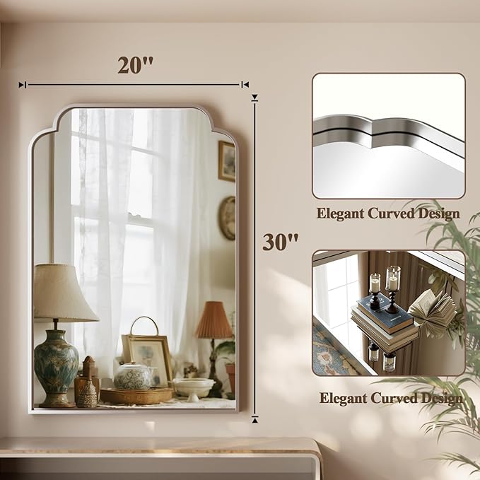 GLSLAND 20"x30" Petal Arch Bathroom Mirror – Modern Metal Frame Vanity Mirror with Scalloped Edge for Over Sink, Bedroom, Living Room, Entryway, Non-Rusting Decorative Wall Mirror, Silver