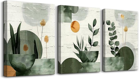 TTHYUEWS Large Wall Decor For Living Room Bedroom Wall Art Decor Boho Canvas Wall Art Prints Geometry Plant Pictures Abstract Paintings Office Artwork Modern Home Decoration 3 Piece Ready To Hang
