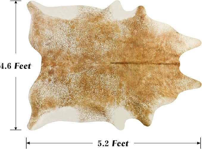 Faux Cowhide Rug 4x5 ft, Washable Non Slip Animal Print Area Rug, Khaki Brown Cow Hide Shaped Carpet for Living Room Bedroom Office Fireplace, Rustic Western Farmhouse Decor Cruelty Free