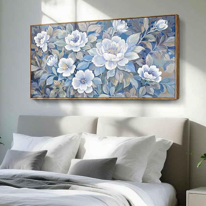 Large Framed Modern Blue Gray And White Wall Art For Living Room, Botanical Landscape Canvas Prints, Blooming Flower Pictures For Bedroom, Bathroom, Dining Room, Hallway 48X24