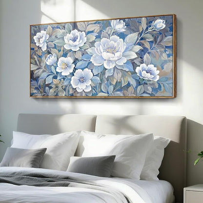 Large Framed Modern Blue Gray And White Wall Art For Living Room, Botanical Landscape Canvas Prints, Blooming Flower Pictures For Bedroom, Bathroom, Dining Room, Hallway 48X24