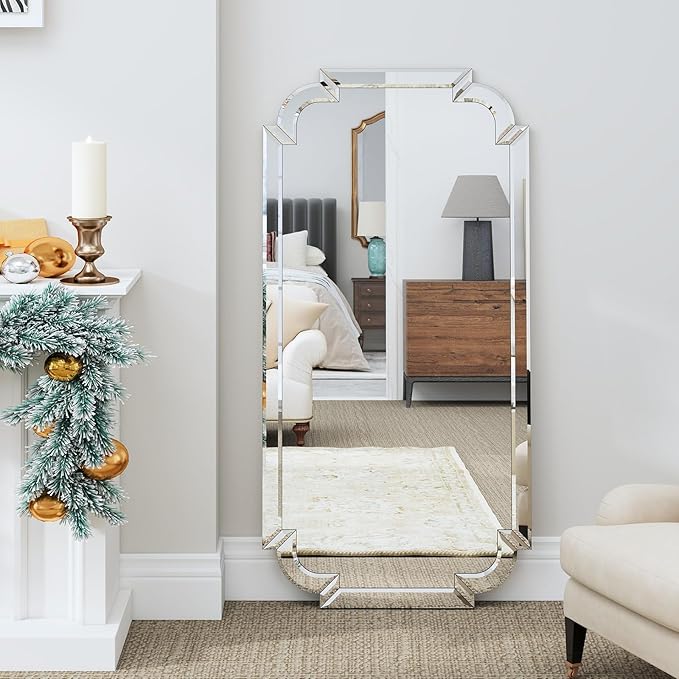Chende Large Full Length Mirror, 59''x30'' Frameless Beveled Mirrors for Bathroom Vanity, Modern Decorative Mirror with Scalloped Glass Frame for Living Room, Dining Room, Entryway