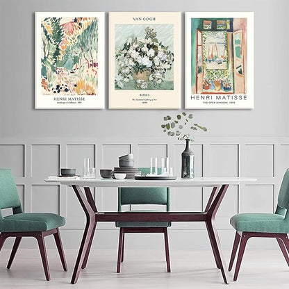 LYPHNX Framed Sage Green Matisse Canvas Wall Art Vintage Abstract Floral Prints Poster Set of 3 Mid Century Aesthetic Flower Artwork Painting Picture Decor for Living Room Bedroom Bathroom 12"x16"