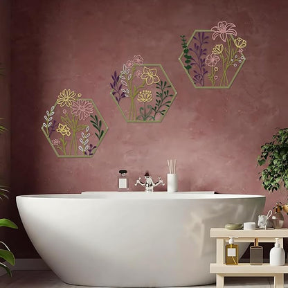ESTART 3 Pcs Metal Flower Wall Decor, Minimalist Floral Wall Hanging Art, Abstract Line Floral Wall Art Sculpture for Bedroom Bathroom Living Room Kitchen Dining Room (Multi Color)