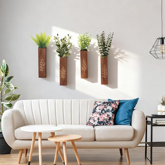 4-Pack Wooden Wall Vases, Slim Pine Wall Planters with 4 Faux Greenery Stems, Adhesive Hooks & Screws, Modern Farmhouse Wall Decor for Living Room, Bedroom, Bathroom (Dark Brown)