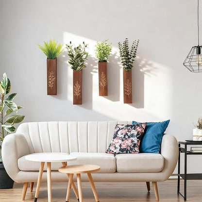 4-Pack Wooden Wall Vases, Slim Pine Wall Planters with 4 Faux Greenery Stems, Adhesive Hooks & Screws, Modern Farmhouse Wall Decor for Living Room, Bedroom, Bathroom (Dark Brown)