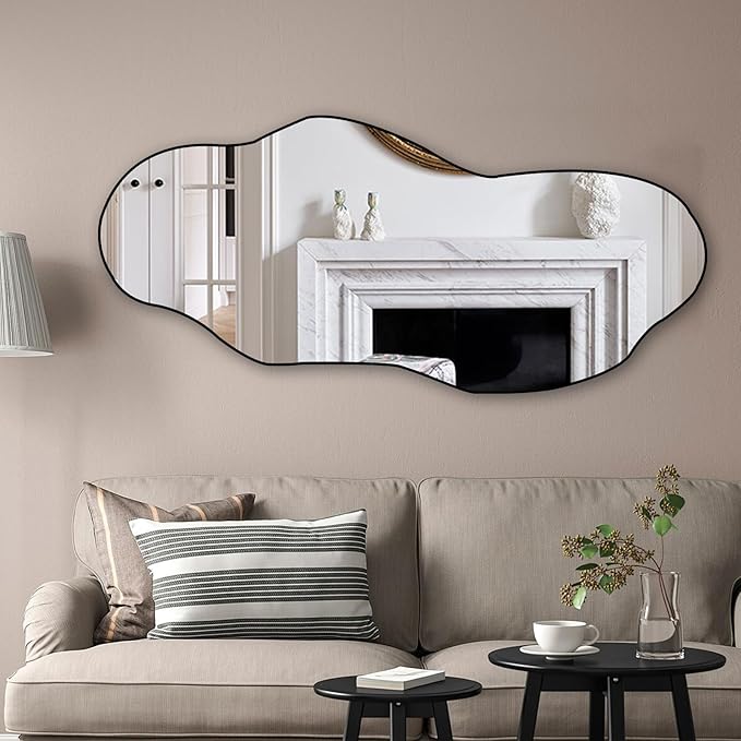 POZINO Irregular Frameless Wall Mirror, 47.2"x21" Asymmetrical Aesthetic Mirror, Modern Organic Shape Decorative Mirror for Living Room Bedroom Entryway Hallway, Horizontal or Vertical Hanging