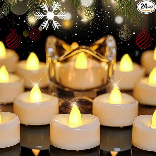 Merrynights LED Tea Lights, 24-Pack Battery Operated, Long-Lasting 200 Hour Flameless Candles, Flickering for Halloween & Fall, Warm Yellow, 1.5'' D x 1.25'' H