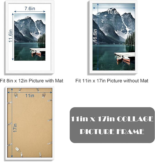 Hongkee 11x17 Picture Frame Set of 3 - Display 8x12 Photo with Mat or 11 x 17 Poster without Mat, Wall Mounting Horizontal and Vertical, White
