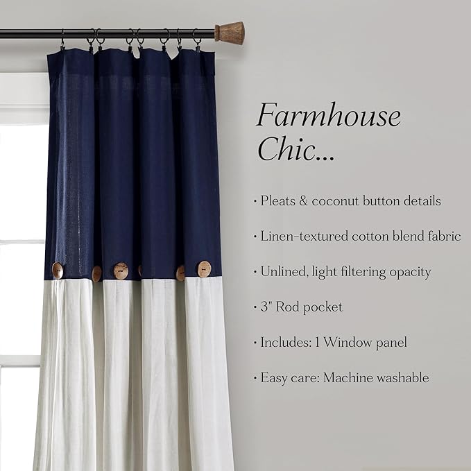 Lush Decor Linen Button Window Curtain Panel, Single, 40" W x 108" L, Navy & White - Country Curtains - Rustic Decor - Color Block - Modern Farmhouse Curtains
