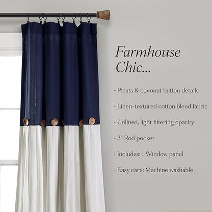 Lush Decor Linen Button Window Curtain Panel, Single, 40" W x 108" L, Navy & White - Country Curtains - Rustic Decor - Color Block - Modern Farmhouse Curtains
