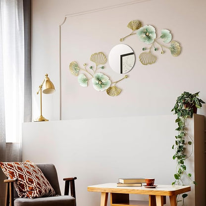 Tandefio 3 Pcs Metal Decorative Wall Mirrors for Living Room Metal Ginkgo Leaf Mirror Modern Creative Wall Decor Art Hanging Decor Mirror for Entrance Bedroom Living Room (Gold Green,16.inches)
