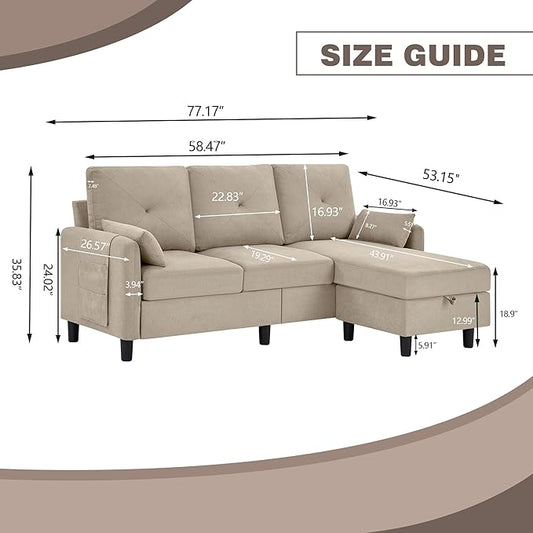 Convertible Sectional Sofa, 77" Small L Shaped 3 Seat Couch with Reversible Storage Chaise, Modern Polyester Fabric Sofa Couches for Living Room, Apartment and Small Space, Beige