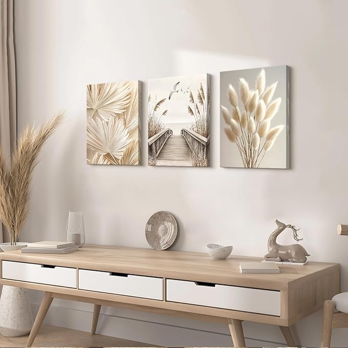 3 Pcs Beige Reeds Botanical Framed Canvas Wall Art Neutral Palm Fronds Wall Paintings Quiet Beach Landscapes Art Prints Picture Home Decor for Bedroom Living Room Office Reay to Hang 12"x16"x3Pcs