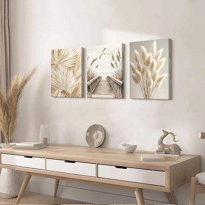 3 Pcs Beige Reeds Botanical Framed Canvas Wall Art Neutral Palm Fronds Wall Paintings Quiet Beach Landscapes Art Prints Picture Home Decor for Bedroom Living Room Office Reay to Hang 12"x16"x3Pcs