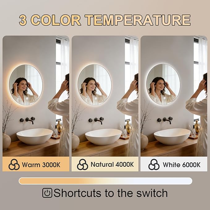 20 Inch Round LED Bathroom Mirror with Lights, Lighted Vanity Bathroom Mirror with Backlit, Stepless Dimmable & 3 Colors (3000K/4000K/6000K), IP54 Waterproof