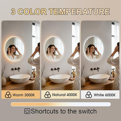 20 Inch Round LED Bathroom Mirror with Lights, Lighted Vanity Bathroom Mirror with Backlit, Stepless Dimmable & 3 Colors (3000K/4000K/6000K), IP54 Waterproof
