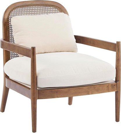 Christopher Knight Home Nadine Wooden Club Chairs Set of 2, Club Chair, Rattan Open Back Armchair, Accent Reading Sofa Chair with Cushions, Accent Chairs Set for Living Room Bedroom, Beige Stripe
