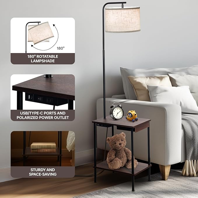 EOEYYOYB Floor Lamp with Table & Drawers, End Table Lamp with USB Charging Portt Power Outlet and Shelves, Side Table Reading Light with 3 Color Temperature Led Bulb Included for Living Room, Walnut