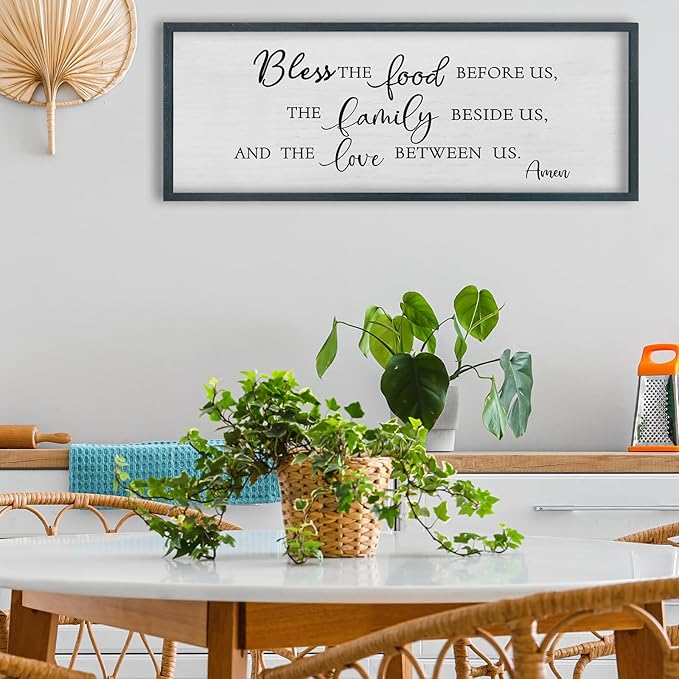 FZMHASLWW Dining Room Wall Decor Christian Blessing Bless the Food Family Love Bible Verse Sign 32"×12" Farmhouse Scripture Prayer for Religious Kitchen Rustic Framed Wall Hanging Art (Black)