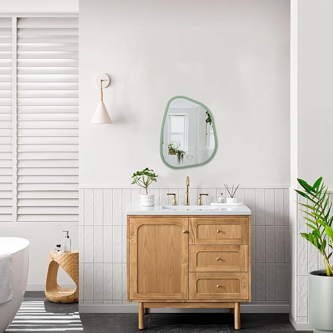 Asymmetrical Mirror for Wall Irregular Wood Frame Modern Unique Wall Mirror Decorative Vanity Bathroom Living Room Bedroom Entryway Hallway Artistic Mirror 14"x10"