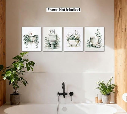 Frimeeme Unframed Green Botanical Bathroom Wall Art Decor,Boho Botanical Eucalyptus Watercolor Prints,Set of 4, 8x10 Inches