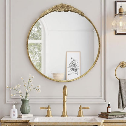 Growsun Round Wall Mirror with Vintage Gold Floral Frame – 28 Inch Decorative Wall Mirror for Living Room, Bedroom, Entryway, Bathroom Vanity – Elegant Antique Accent Home Décor