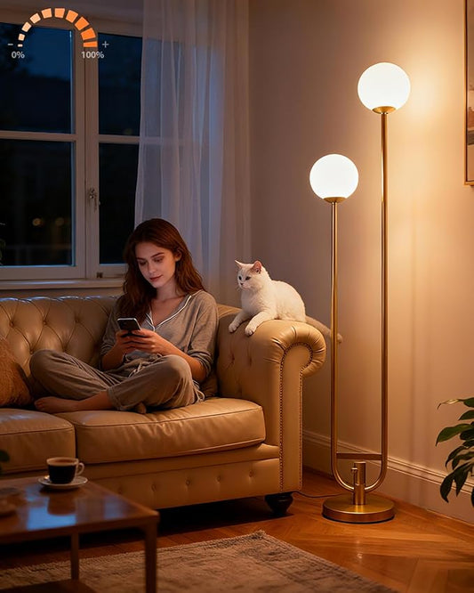 63IN Dimmable Floor Lamp with Shelf, Unique Globe Gold Tall Standing Lamps with 2 Bulbs, 3000K Warmwhite Mid Century Modern Floor Lamp with 5Lbs Heavy Base for Living Room/Bedroom