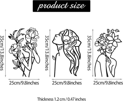 Photect 3 Pcs Metal Wall Art Decor Minimalist Abstract Woman Wall Art Metal Modern Line Drawing Decor Female Single Line Home Hanging for Bedroom Bathroom Living Room Housewarming(Elegant,Black)
