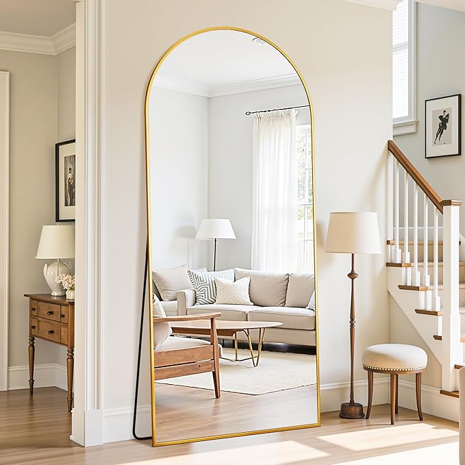 71"×32" Arched Full Length Floor Mirror, Standing Mirror with Aluminum Frame, Large Body Mirror of Free Standing/Wall Mount/Leaning for Bedroom, Living Room, Dressing Room, Gold