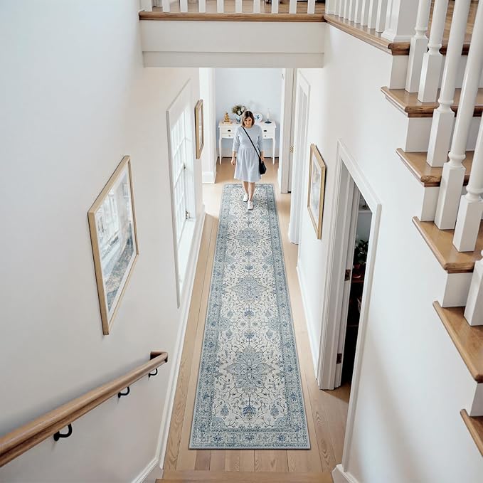 RELEANY Area Rugs 2'6"x14' Runner Rug Non Slip Washable for Kitchen Hallway Bedroom Beside Laundry Room Bathroom Rug, Floor Carpet, Light Blue Navy Beige Gray White