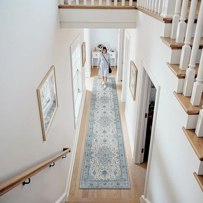 RELEANY Area Rugs 3'x10' Runner Rug Non Slip Washable for Kitchen Hallway Bedroom Beside Laundry Room Bathroom Rug, Floor Carpet, Light Blue Navy Beige Gray White