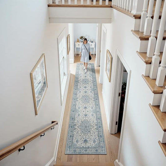RELEANY Area Rugs 2'x10' Washable Non-Slip, Floral Vintage Distress Print Pattern Medallion Carpet for Living Room Bedroom Dining Room, Light Blue Navy Beige Gray White