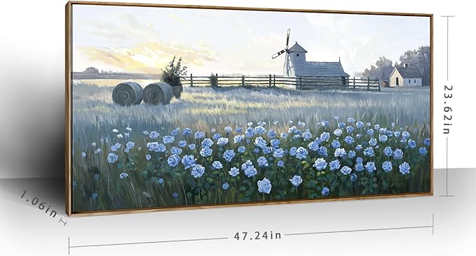 Large Framed Modern Canvas Wall Art, Natural Rural Farm Print Picture, Blue Windmill Flower Field Landscape Art Decor For Living Room, Bedroom, Dining Room, And Kitchen. 48X24 Inches.